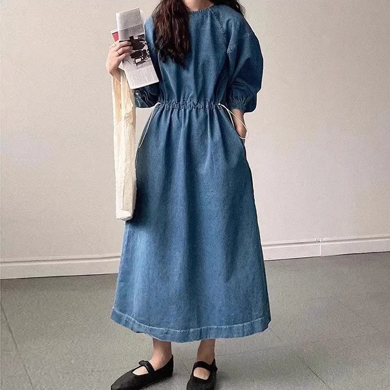 Korean Autumn Dress Women\'s Vintage Lazy Style Round Neck Double Pocket Drawstring Waist Slim Denim Dress Women Tunic Robe Z2849