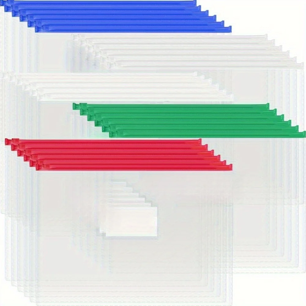 

30pcs A4/Letter PVC Zipper Envelopes - Reusable Clear Document File Folders with Label Pockets, Storage Pouches for Office