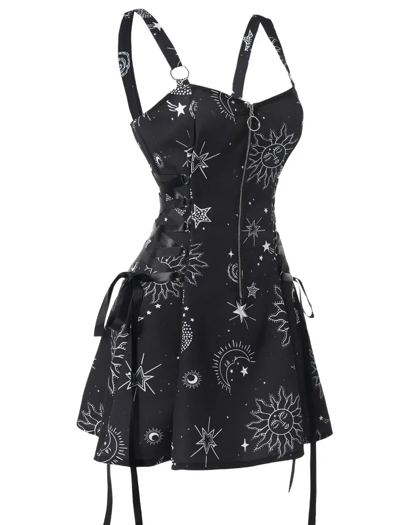 

Fashion Sun Moon Print Lace Up Mini Dress Summer Sleeveless Gothic Dresses Women Square Neck Goth Vintage Clothes Y2k Vestidos