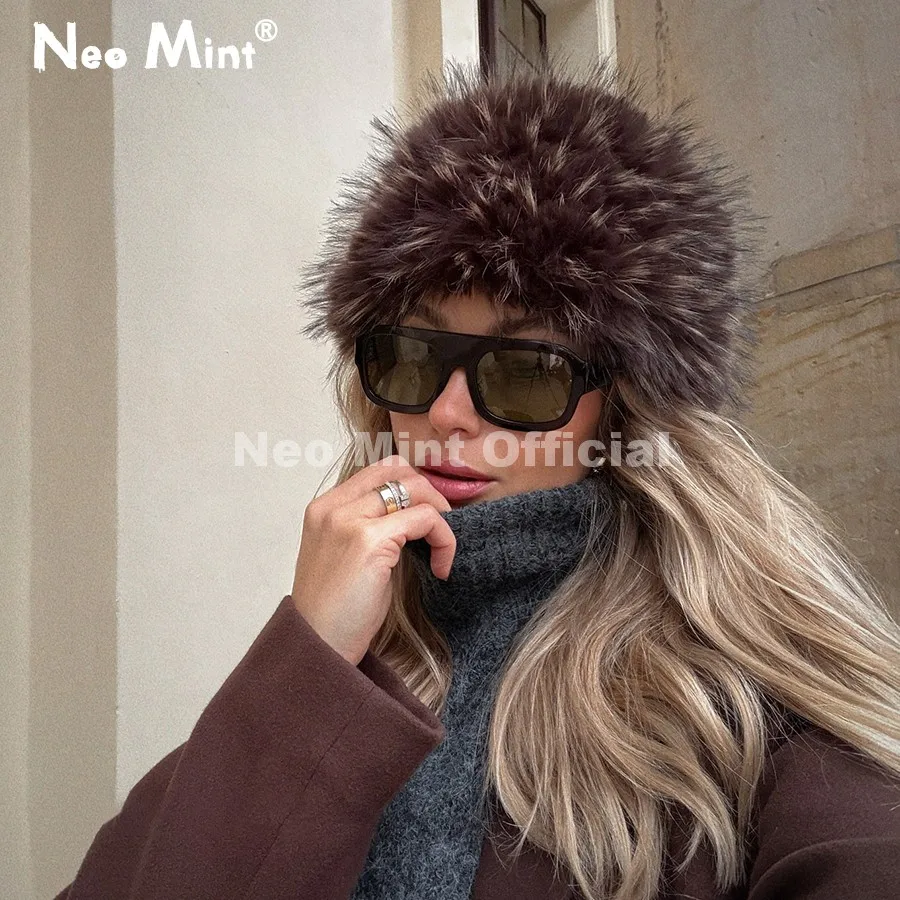 Neo Mint Winter 2026 Brand Stylish Fashion Fluffy Faux Fur Cossack Hat Luxury Fluffy Raccoon Fur Turban Hats Girls Warm Headwear
