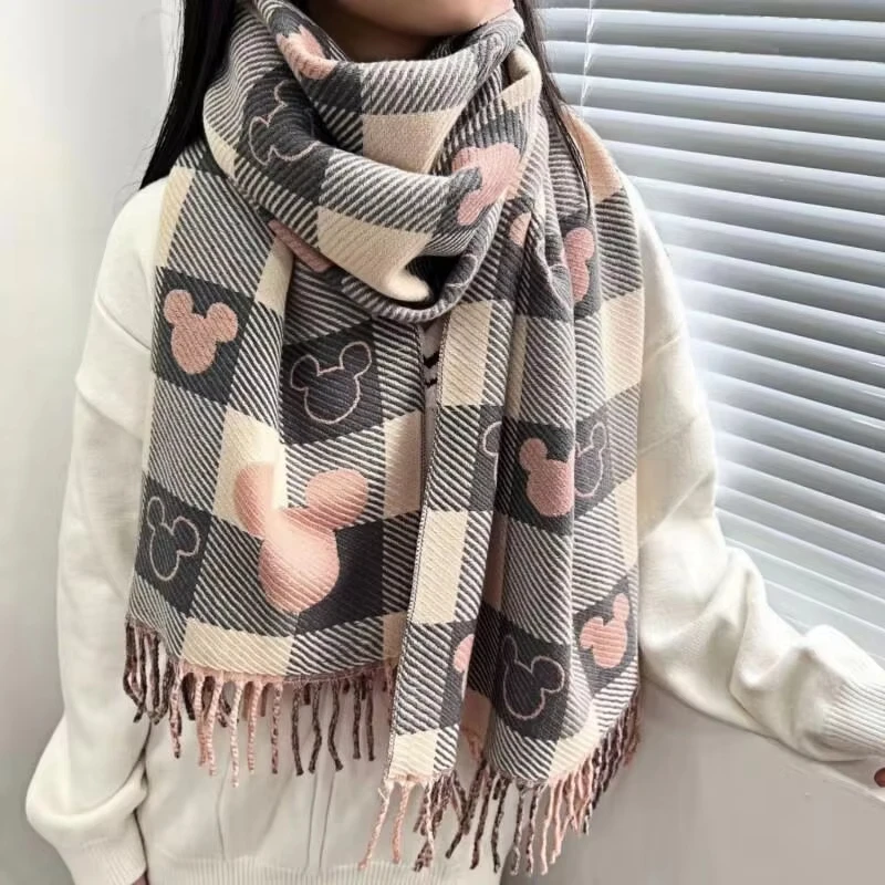 Disney Mickey Autumn Winter Scarf Cartoon Maillard Style Plaid Thickened Scarf Women Senior Sense Shawl Girl Christmas Gift