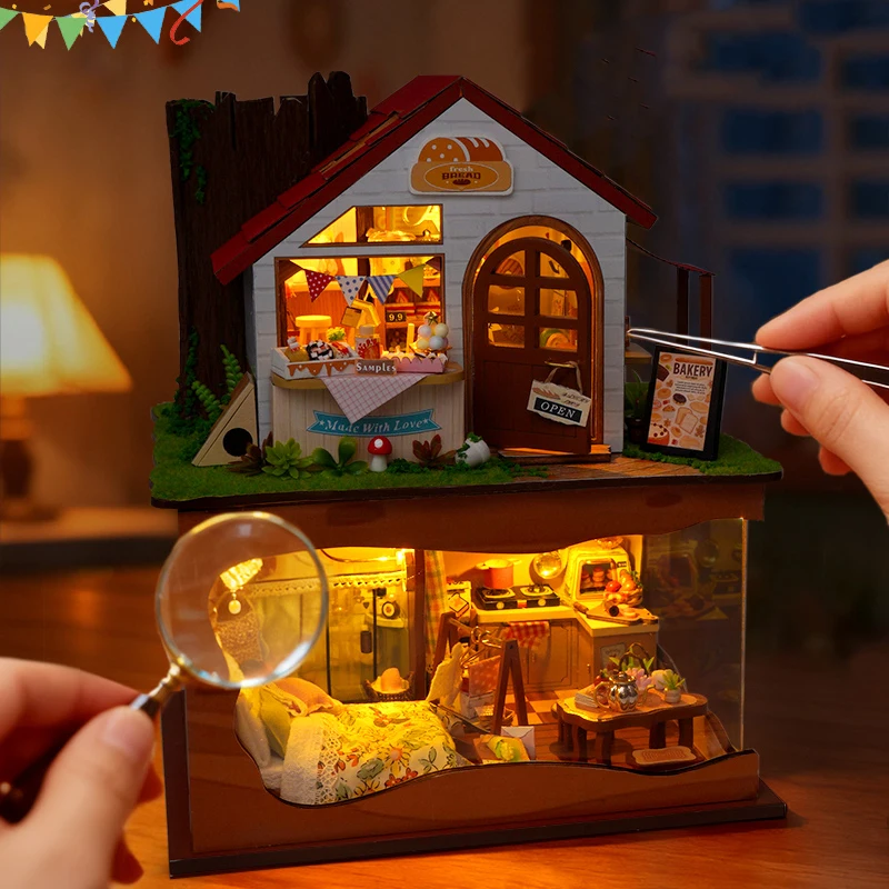 

DIY пекарня магазин Casa деревянная миниатюрная модель комплект 3D головоломка кукольные домики с мебелью кукольный домик для друзей подарки на день рождения
