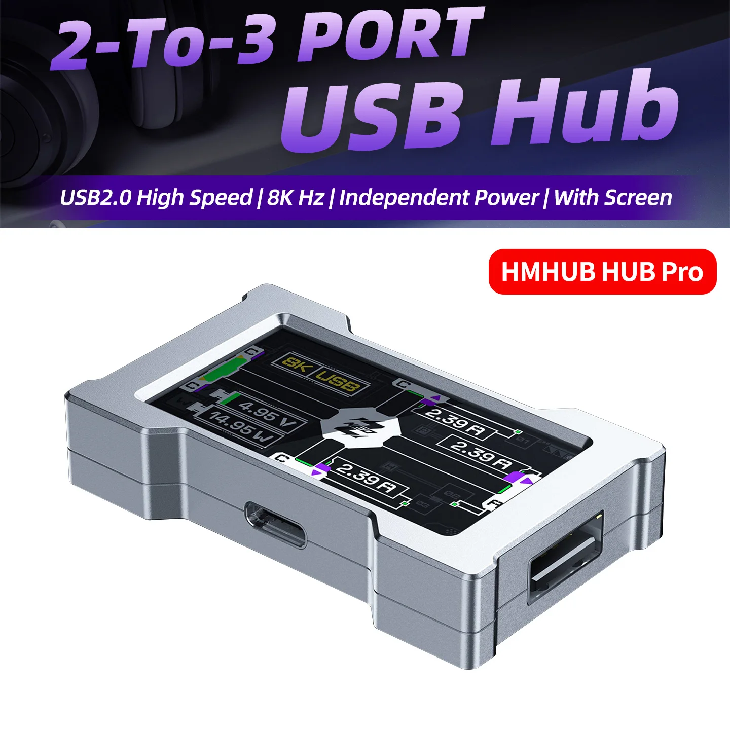 HMHUB HUB Pro 2-to-3 Port USB2.0 High Speed 8K Hz USB Hub with Screen Aluminum Alloy Case Independent Power for Game Esports