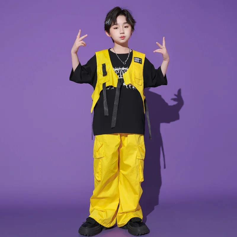 Hip Hop Outfits Boys Cool Tshirt Yellow Vest Cargo Pants Girls Jazz Street Dance Clothes Sets Child Streetwear Kids Costumes