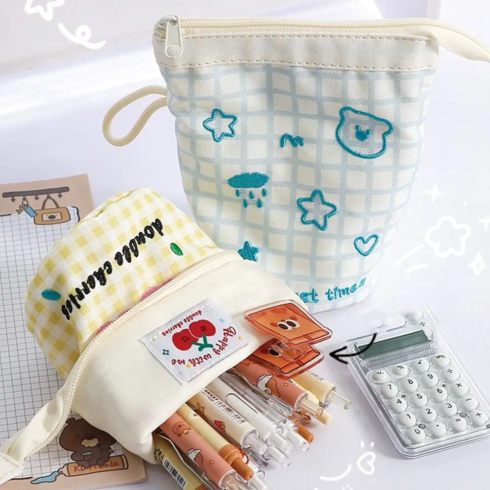 Gifts Portable Plaid Pen Bag Contrast Color Dopamine Vertical Pen Holder Large Capacity Stationery Bags