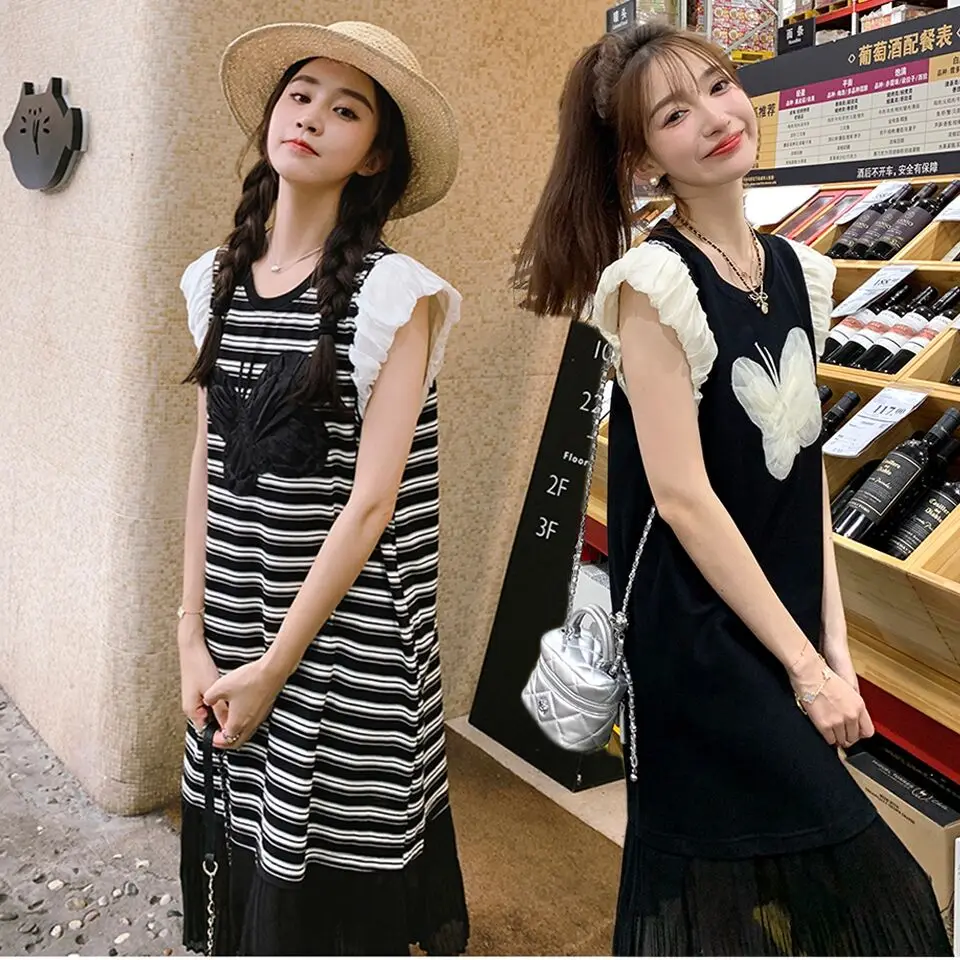 

Korean Style Maternity Summer Clothes Petal Sleeve Striped Patchwork Pleated Dress Preppy Style Pregnant Woman Straight Dresses