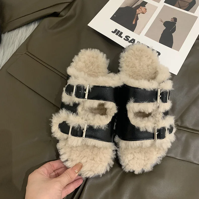 VENTACT 2023 New Cork Slipper With Fur Casual Double Buckle Clogs Shoe Warm Wear Artificial Fleece Outdoor Sandals