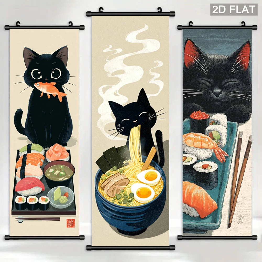 VIKAMA Vintage Cat Scroll Tapestry, Cute Fluffy Black Cat Sushi Ramen Ukiyo-e Wall Art, Aesthetic Poster for Bedroom Living Room