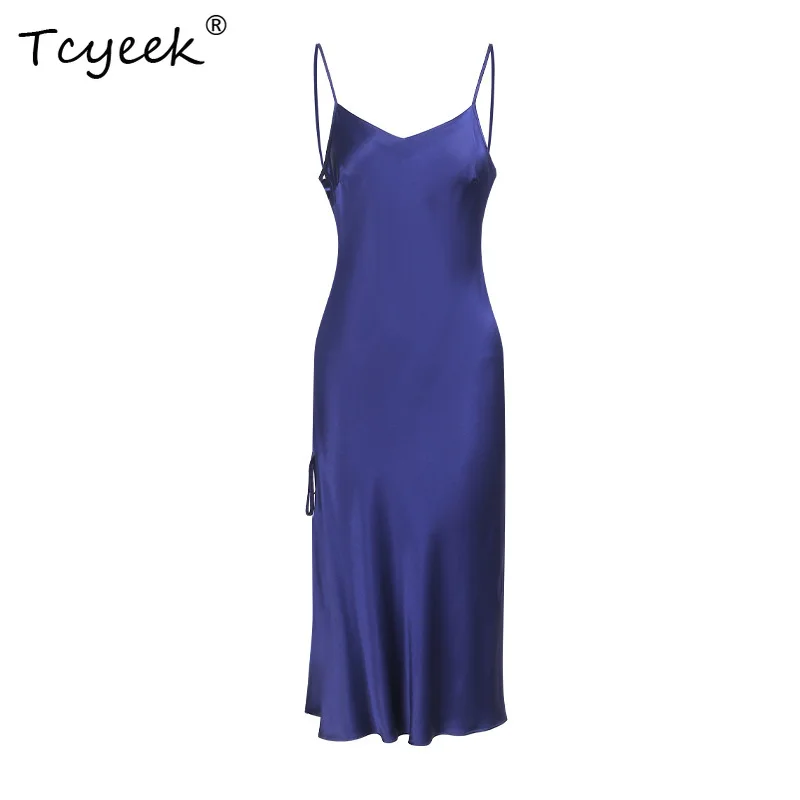 

Tcyeek, 19MM 100%Real Silk Spaghetti Pajamas Dress, Women V Neck Side Straps, Sexy Nightdress, 2024 Summer Nightgown P47440QM