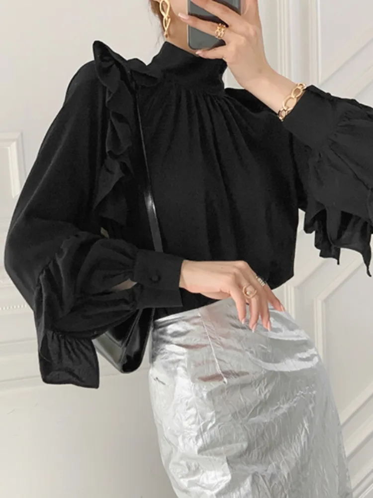 

Retro Court Sle Bla Long Sve Women's irt Stand Collar Gored Hem High Design Sensation Faionable Top Quali Fabric