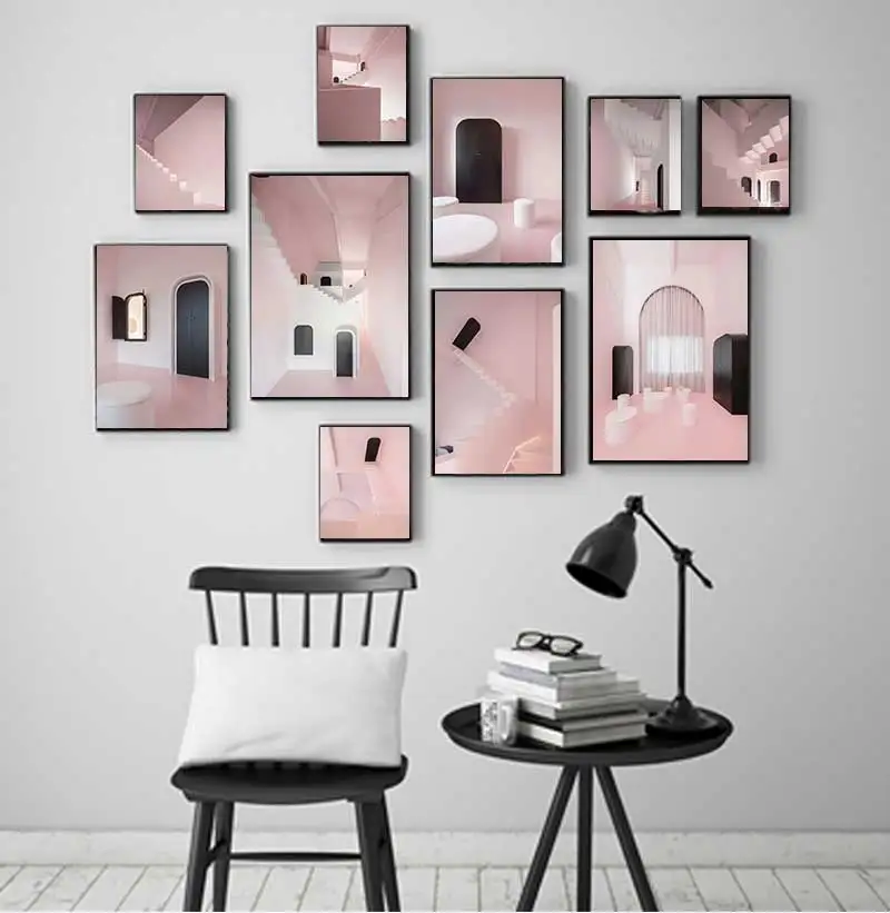 Modern Abstract Neutral Architecture Poster Stairs Corner Canvas Painting Pink Wall Art Pictures Minimalist Boho Room Home De