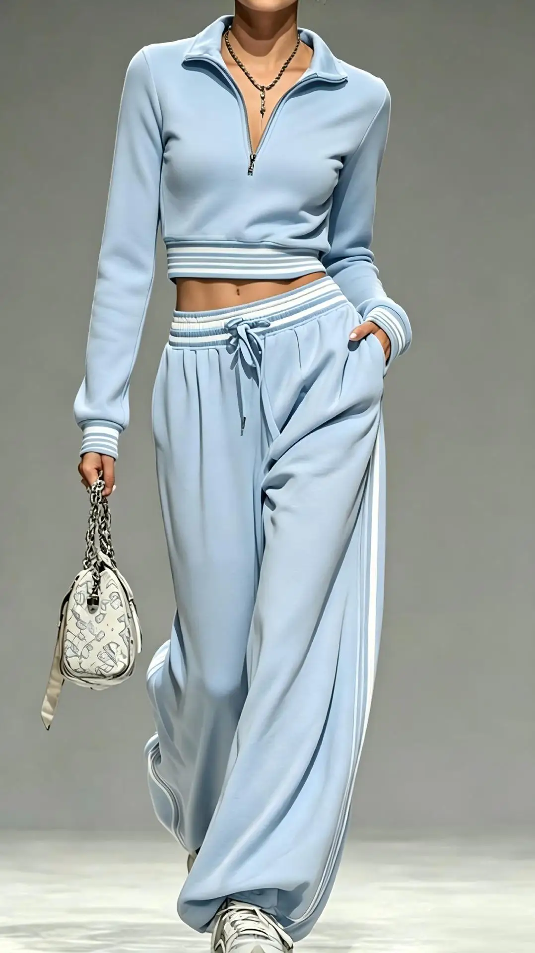 Women Tracksuit 2 Piece Outfit Zip Stand Collar Solid Crop Midriff-baring Top & High Waist Wide Leg Pants Set Casual Sport Suits