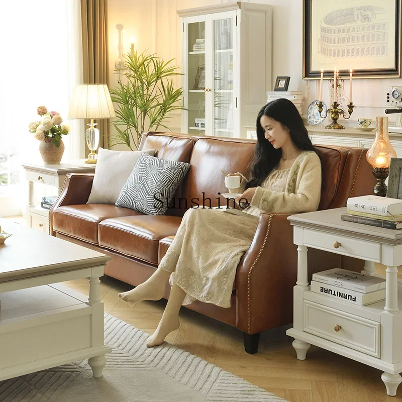 

Retro leather sofa American rivet living room straight sofa