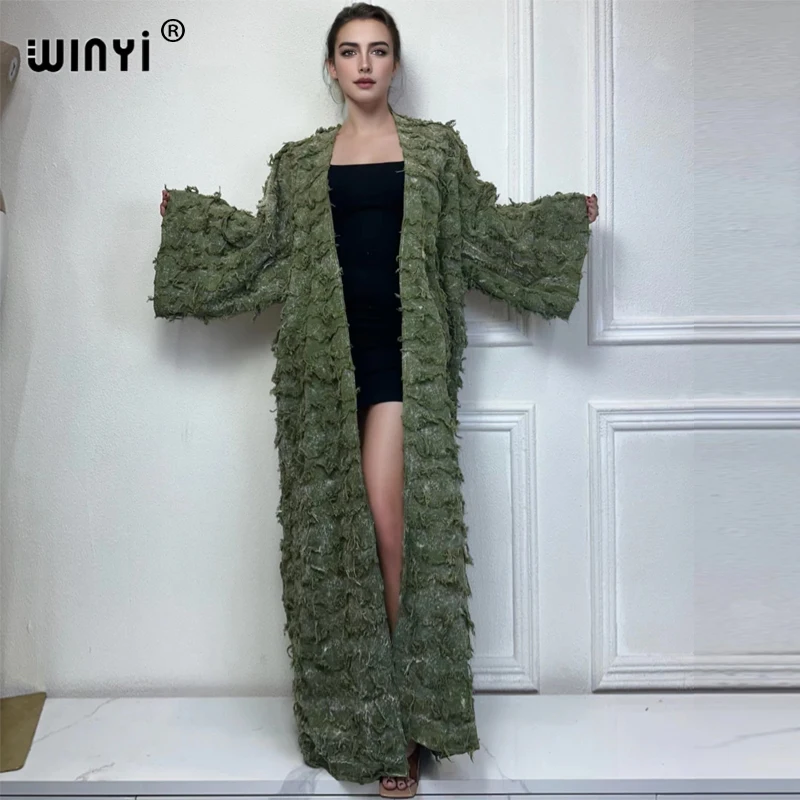 WINYI bawełniany odpadowy grunt wiatrowo-barwiony kardigan damski płaszcz elegancki kimono długi płaszcz sukienka maxi kimono otwierana abaya