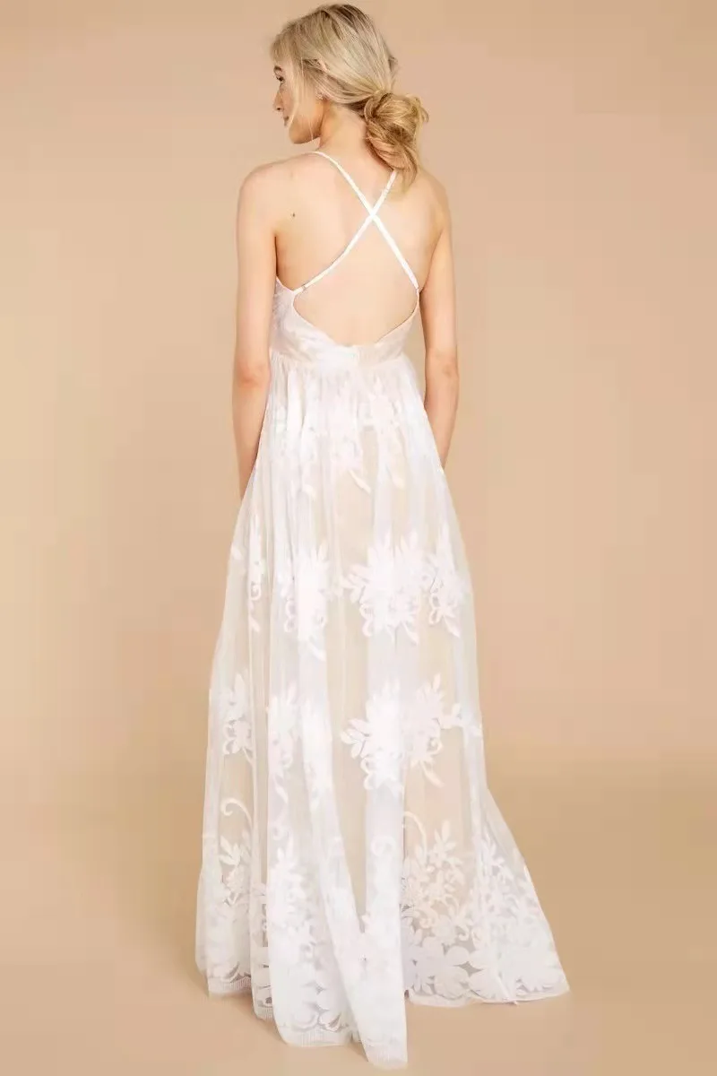 Spring Summer Bridal Wedding Dress Women\'s Lace Mesh Applique Dress Women\'s Sexy V-neck Spaghetti Strap Party Formal Dress