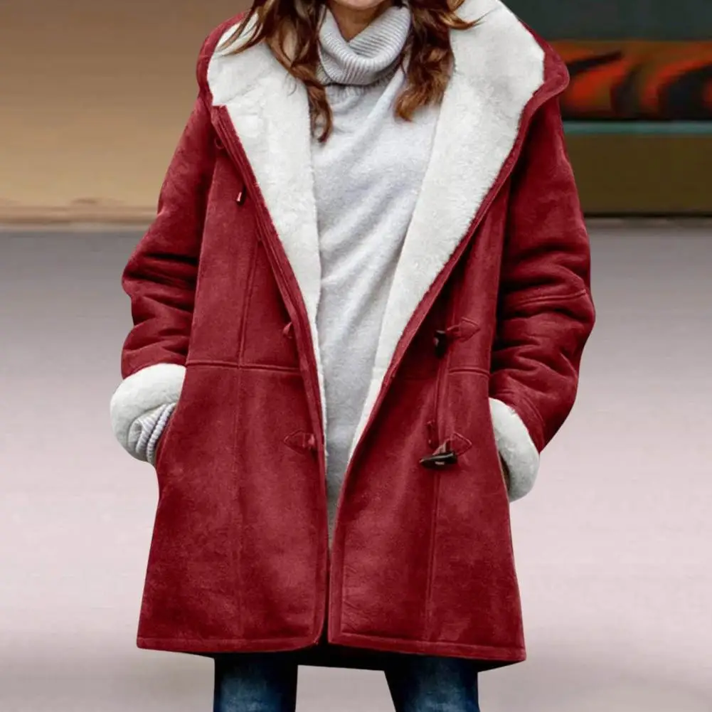 Winter Overcoat  Double Pockets   Women Coat Windproof Hood Overcoat