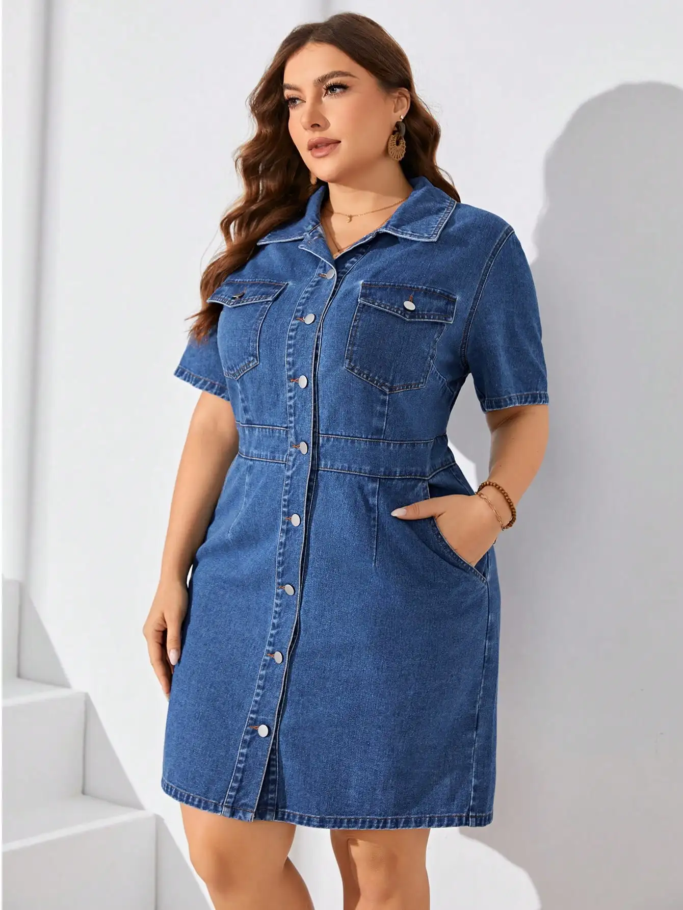 

Plus Size Button Down Short Sleeve Denim Dress Casual