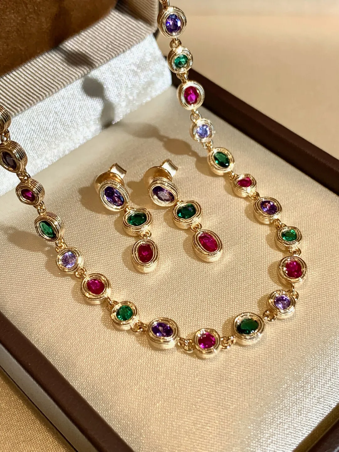 Italian Vintage Colored Imported High-Carbon Diamond Necklace/Bracelet/Earrings S925 · Necklace (36+10cm, 20g)