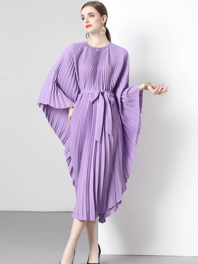 Autumn Miyake Original Design Organ Pleated Dress Women Batwing Sleeve O-Neck Loose Oversized Lace Up Belt Midi Party Vestidos