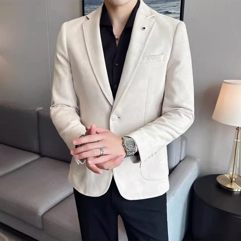 Chaqueta de traje informal de negocios de gamuza de otoño de estilo británico para hombre, Blazers de oficina Social de alta calidad, abrigos de vestir para novio de boda