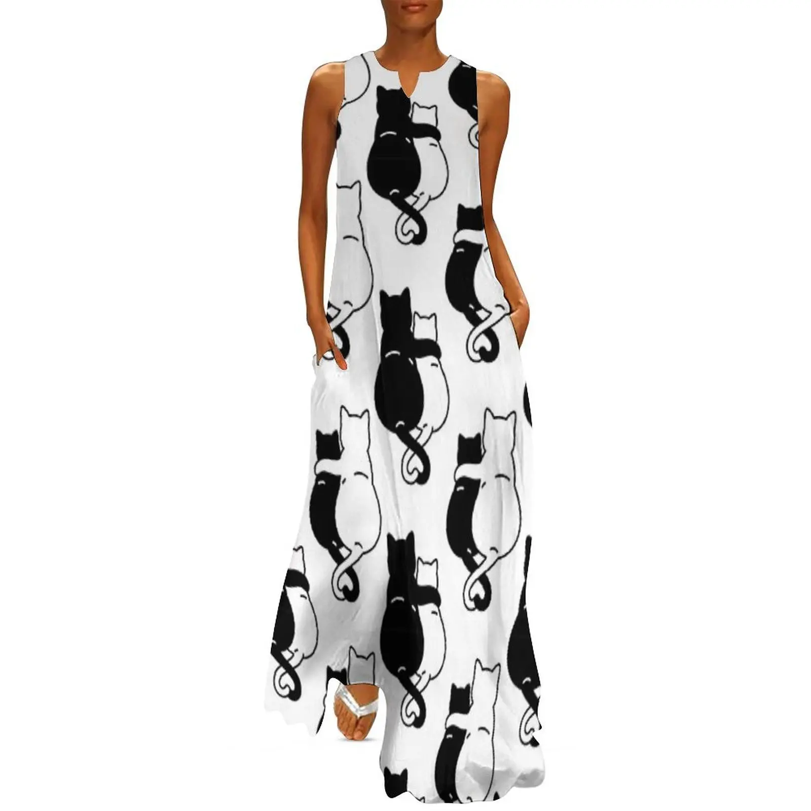 

black and white cats together side by side Long Dress Female dress Woman clothes dress summer 2025 women