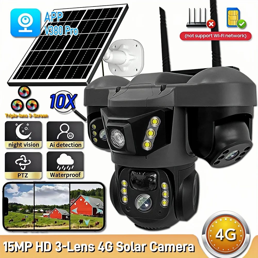 

4G Solar Camera 15MP Outdoor 3 Lens 3 Screen PIR Human Detect IP Monitor Night Vision PTZ CCTV Security Protection Surveillance