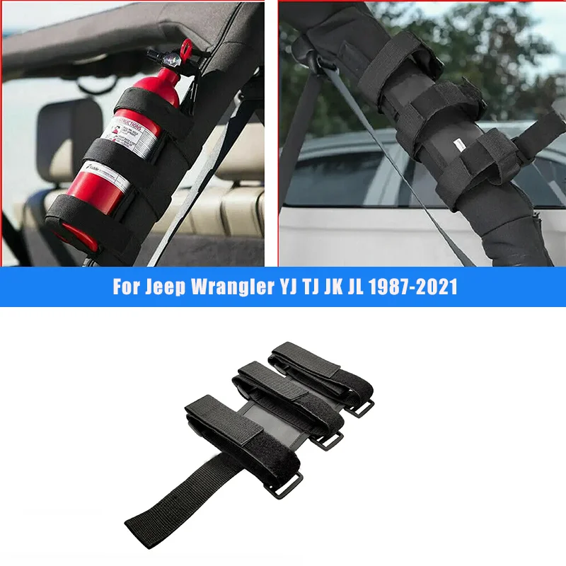 

For Jeep Wrangler YJ TJ JK JL 1987-2021 Car Roll Bar Fire Extinguisher Holder Adjustable Mount Strap Hook & Loop Car Accessories