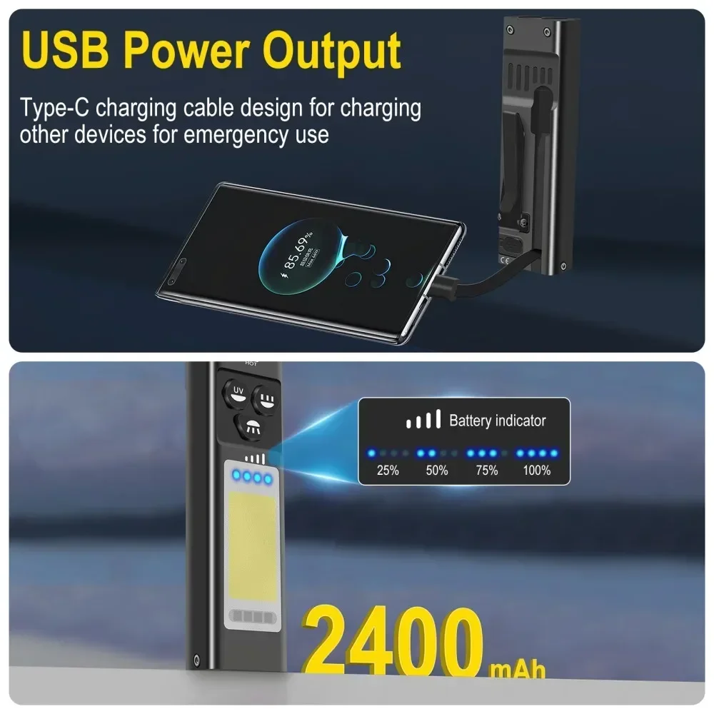 BORUiT U7 UV LED EDC مصباح يدوي 1100LM Type-C بنك الطاقة القابل لإعادة الشحن ضوء العمل الشعلة مع فانوس جيب التخييم المغناطيسي