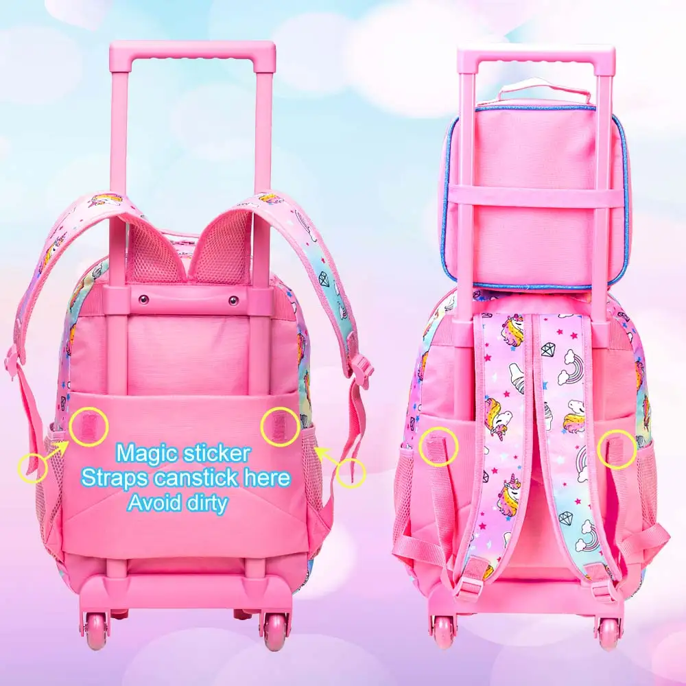 3PCS Rolling Backpack for Girls Kids Roller Wheels Bookbag  with Lunch Bag Pink Unicorn Glow-in-the-dark Function