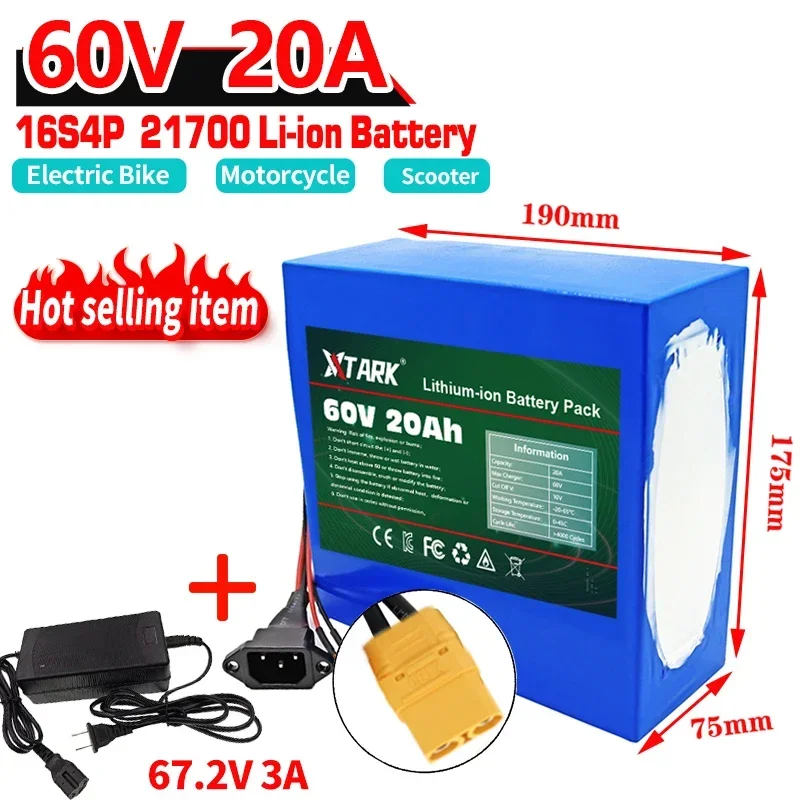 60V 20A Electric Bike 21700 Battery For Scooter Motorcycle 67.2V 16S4P 3000W XT90 Rechargeable Battery With Same Port BMS+Charge