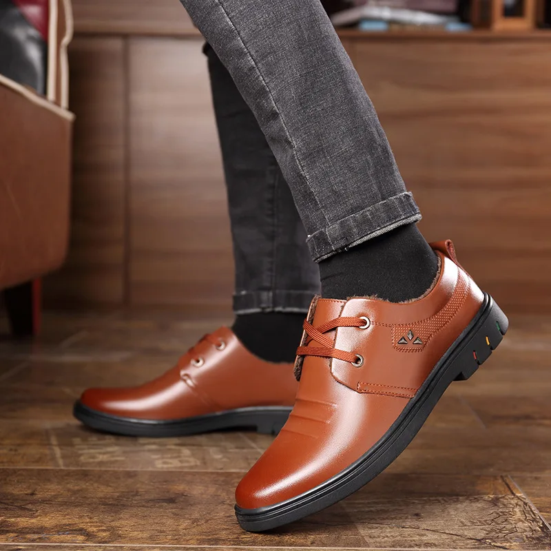 New 2023 Winter Shoes Men Genuine Leather Warm Plush Footwear Cold Winter Mens Casual Shoes Black Brown Business Footwear KA2908