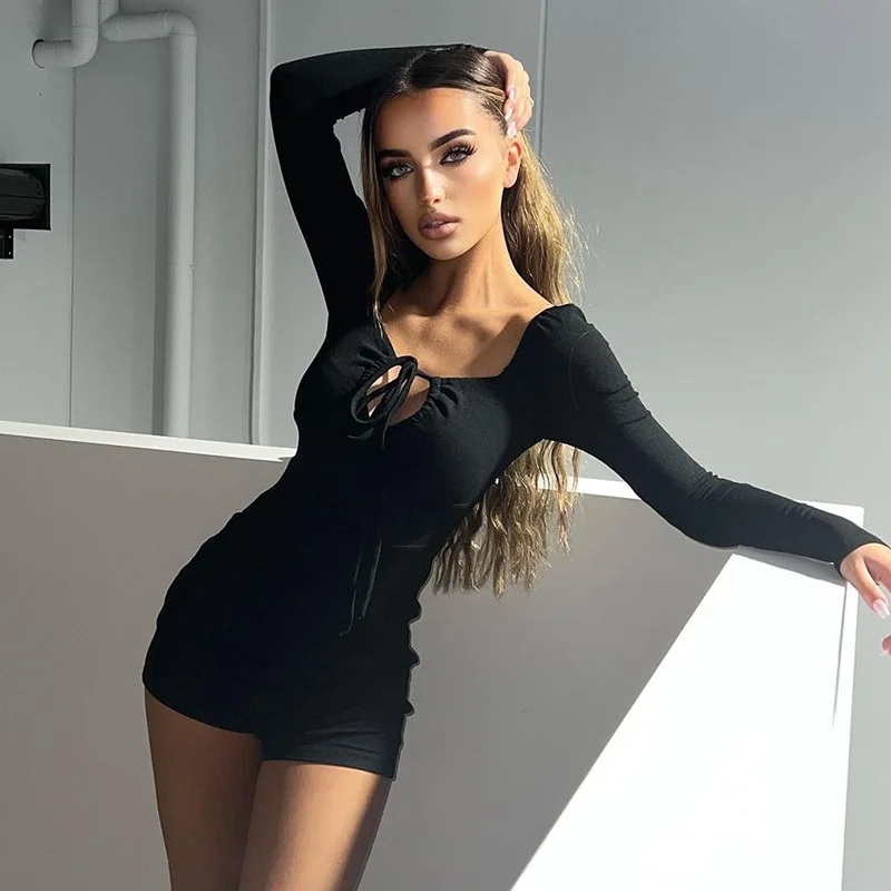 2024 new sexy y2k black long sleeved V-neck jumpsuit women's summer and autumn fitness low cut lace up long sleeved tight jumpsu