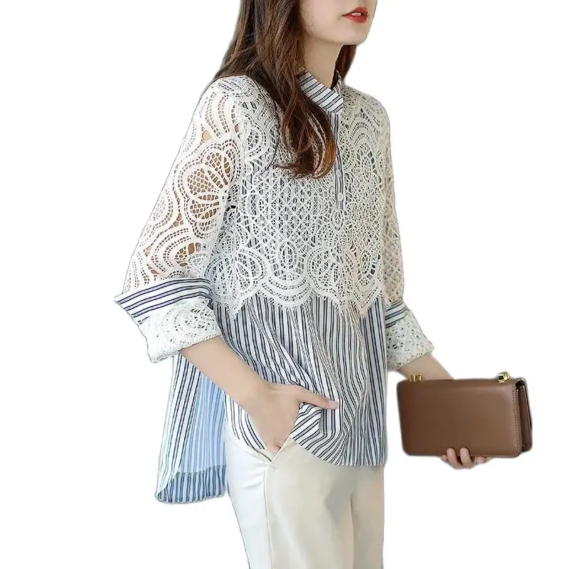 

Spring Autumn Shirt Tops Women 2024 New Fashion Loose Leisure Lace Pullover Stripe Blue Hollow Out Round Collar Outerwear Female