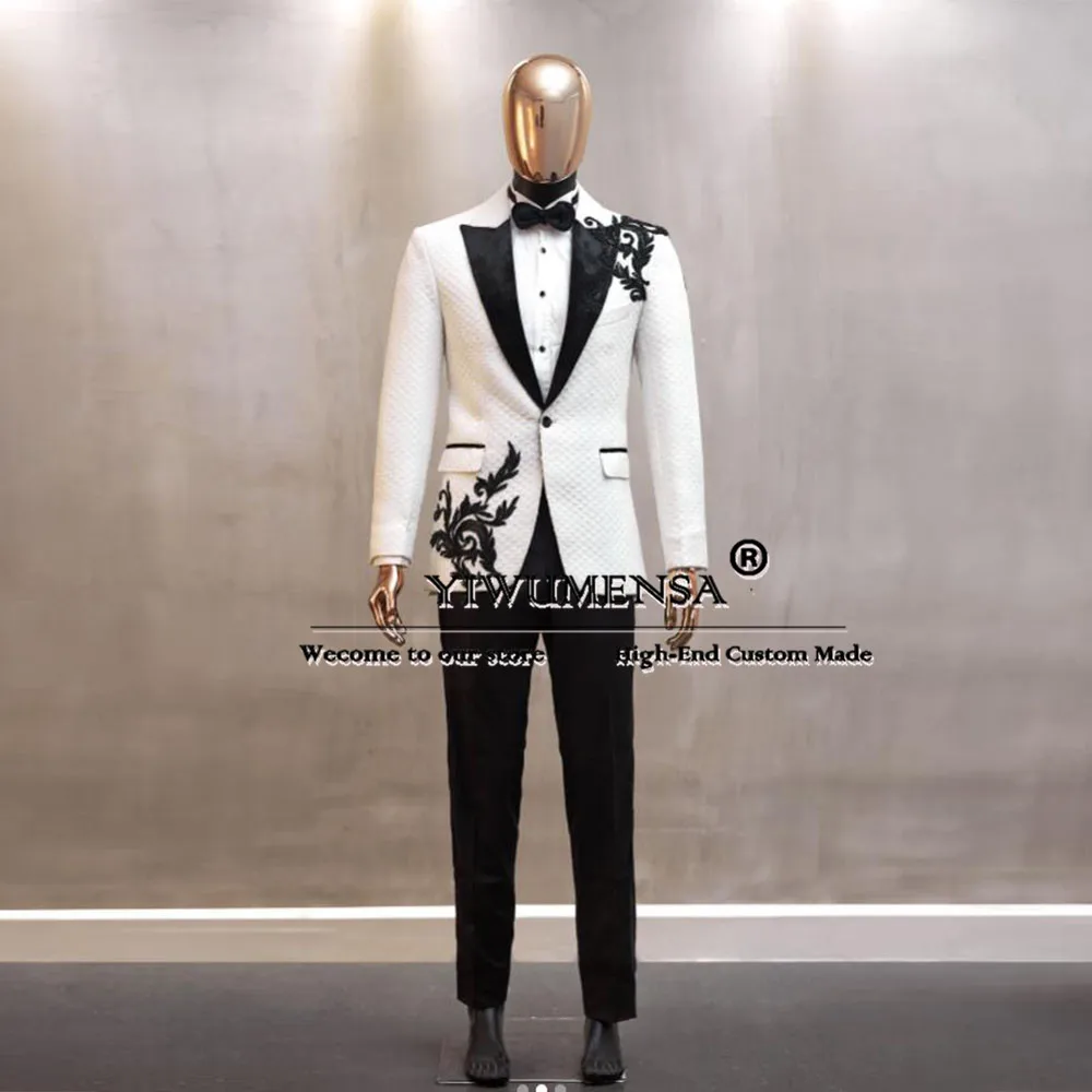 Setelan manik-manik hitam pria tuksedo pengantin pria pesta Formal Blazer Prom Jacquard kerah ketat buatan khusus 2 potong pakaian pesta Bisnis Pria