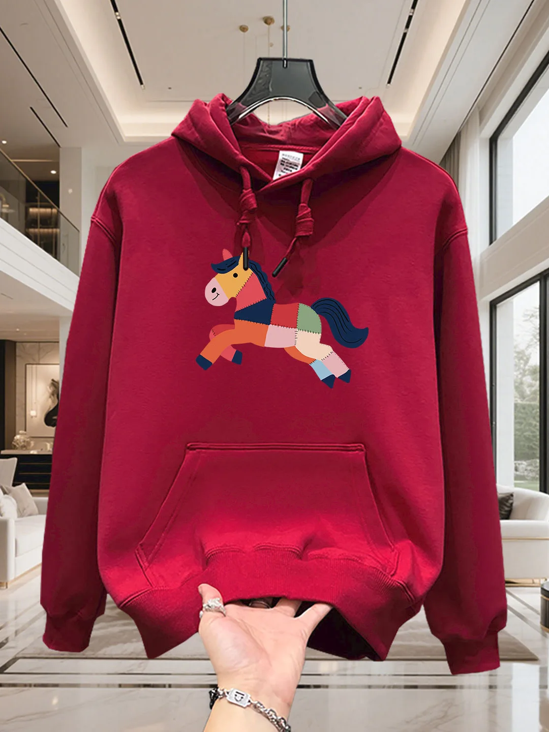 

Худи большого размера с начесом, винно-красное, с принтом китайского зодиака, осенне-зимний, из смесового хлопка, пуловер