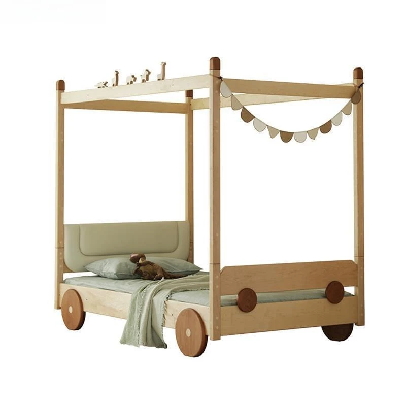 

North American hard maple flying car bed, bus type on and off the bed, all solid wood children, boys half height