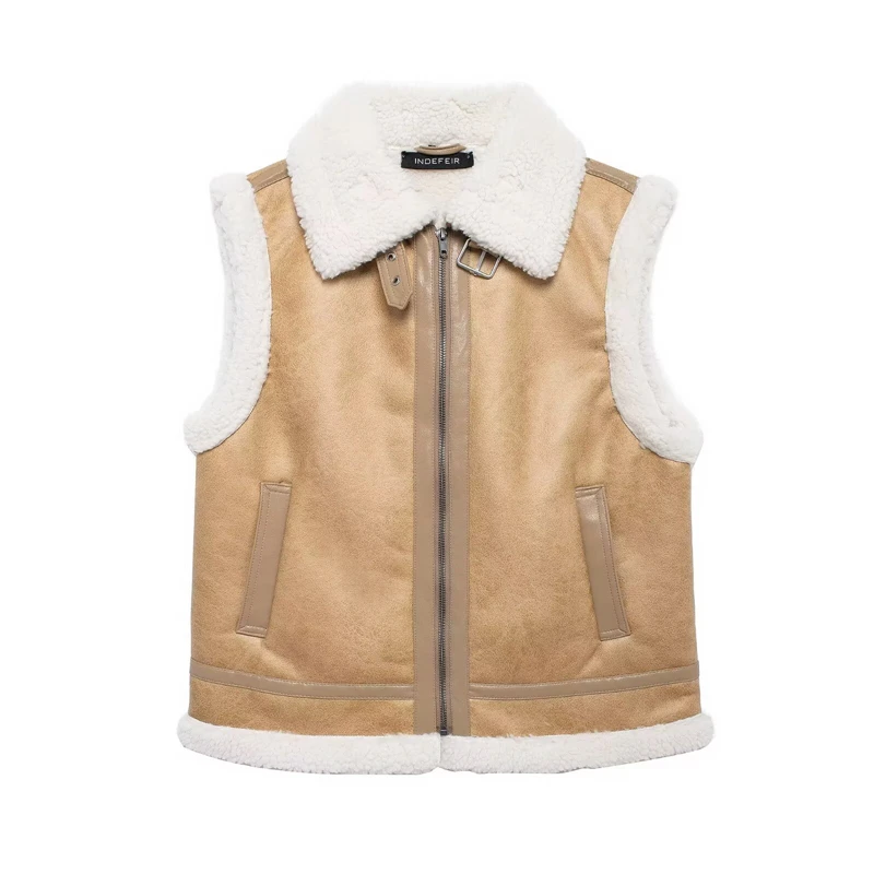 Gilet in ecopelle con colletto in shearling per donna uomo, giacca senza maniche foderata in caldo pile, capispalla vintage con cerniera per l'autunno invernale