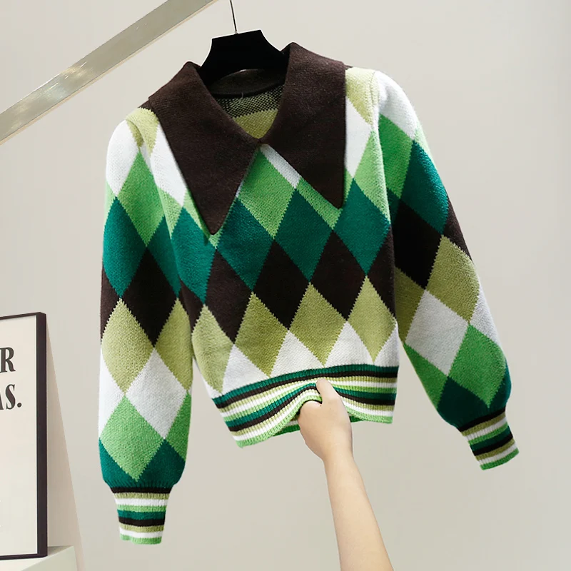 

Autumn Winter Diamond Pattern Color Block Doll Collar Long Sleeve Sweater Fashionable Casual Slimming Overhead Wool Blend Kni...