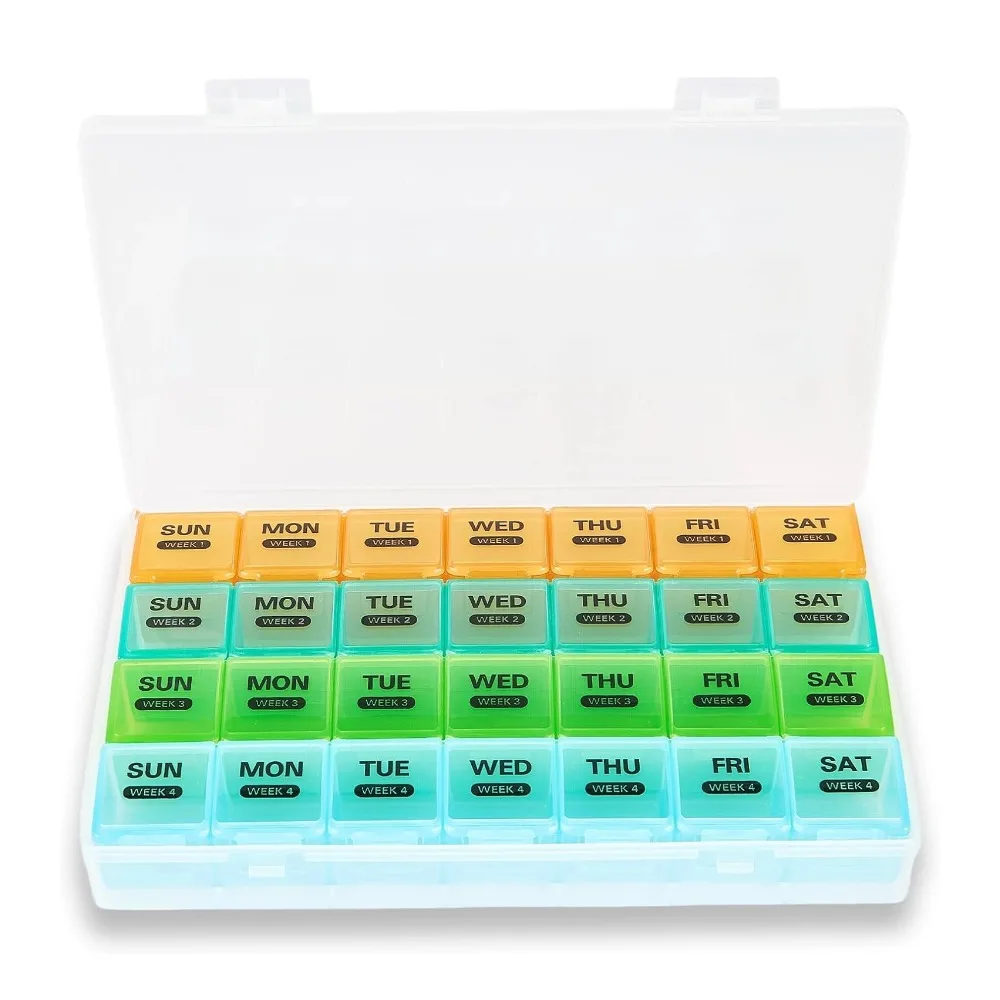 

New Portable Travel Monthly Pill Organizer 4 Weeks A Month 28 Days Pill Box Case for Vitamins Supplements Fish Oil Medication