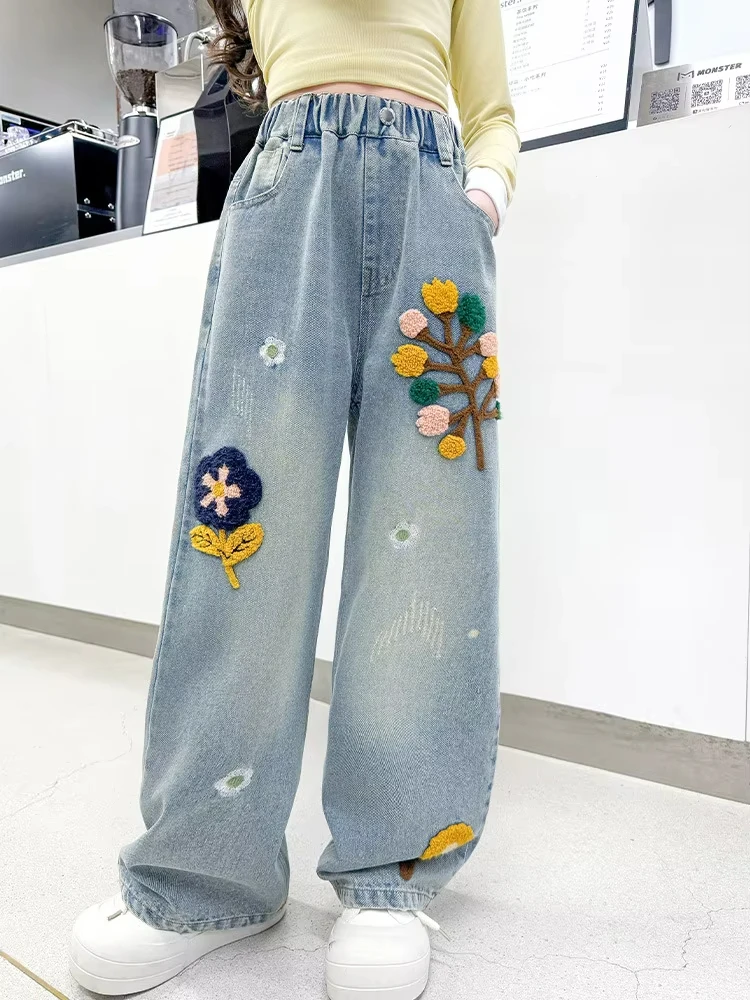 Spring Kids Slim Fit Loose Jeans Vintage Blue Jeans with Appliques For Teenager Girl New Casual Outdoor Denim Pants Trousers