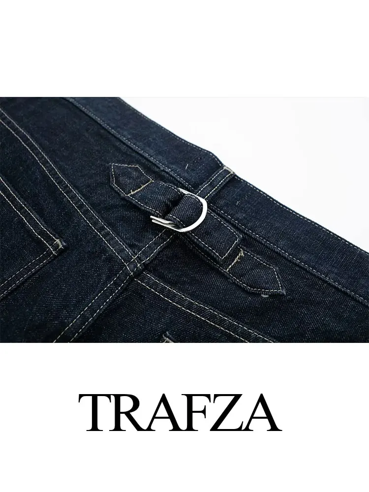 TRAFZA 2024 Street Fashion Retro Denim Jeans per le donne Turn Up gambe vita alta gamba larga Jeans donna autunno Denim blu pantaloni