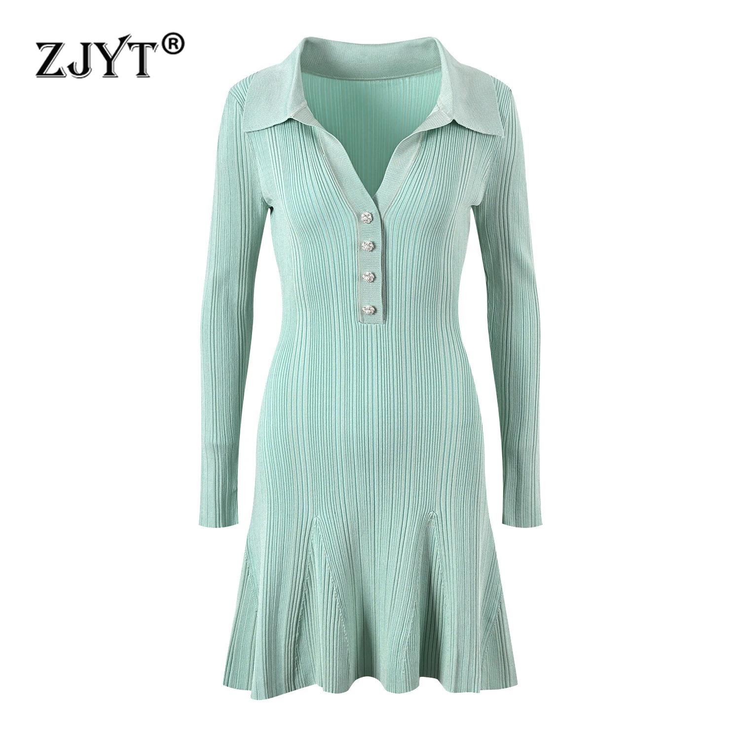 ZJYT Elegant Women\'s Long Sleeve Knitting Dresses Autumn New Designer Turn Down Collar Solid Short Dress High Stretch Knitwears