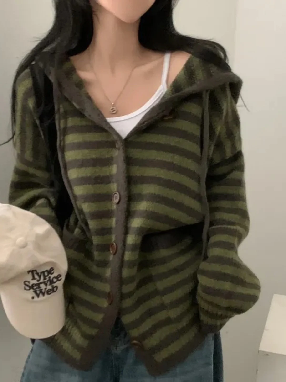 Fall Retro Women's Knitted Sweater Coat Faionable Striped Lazy Sle Hood Single Button Zipper Design Sense Top Warmth - Detail 1