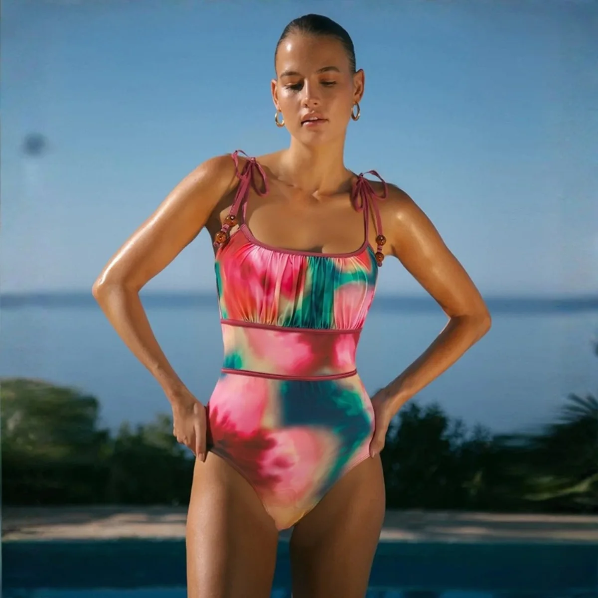 Women One Piece Swimsuit Tie Dye Bow Strap Swimwear Plus Size Padded No Steel Wire Quick Dry Bathing Suit Skirt Beachwear