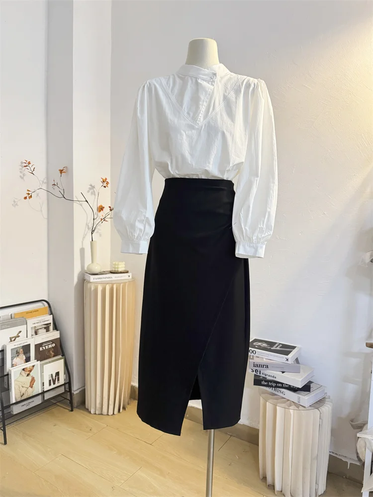 

Французская элегантная рубашка с воротником-стойкой и объемными рукавами, женская свободная утягивающая модная рубашка для поездок на работу, белый весенний TT319