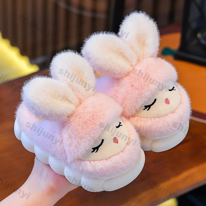 Winter Children's Slippers Cute Rabbit Warm Plush Indoor Anti Slip Platform Comfortable Baby Cotton Shoes Cartoon Warm Slippers