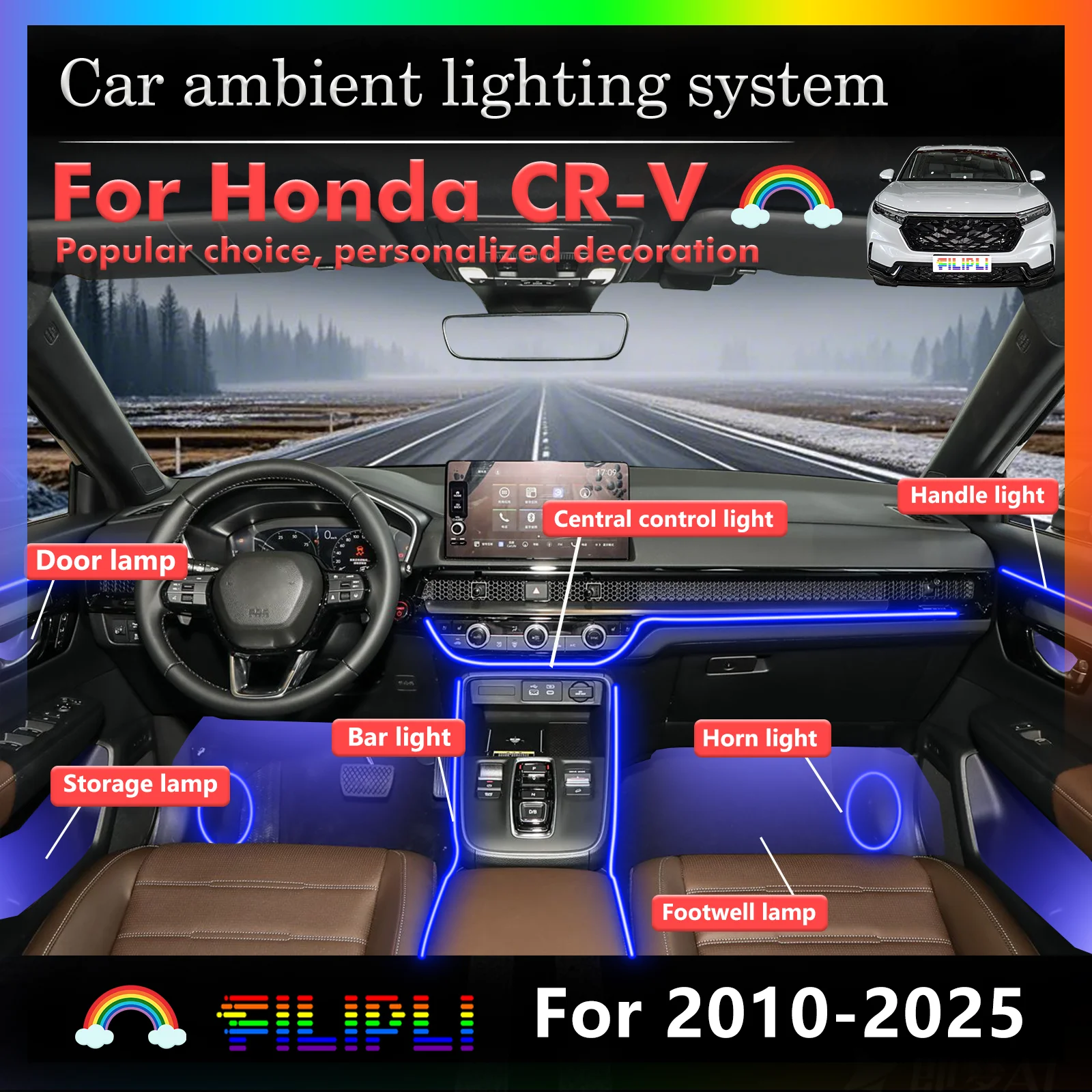 

For Honda CR-V Car Interior Decorative Lighting Set RGB 64 Colors LED Smart Control Energy Saving