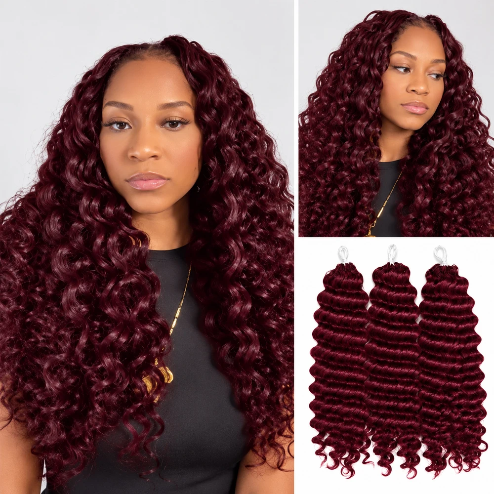 99J Burgundy Deep Wave Feather Crochet Human Hair Miracle Knots Knotless Pre Separated Invisible Boho Braids Hair For Women
