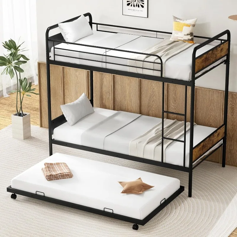 Metal Twin Over Twin Bunk Bed with Trundle, Industrial Twin Bunk Beds with Ladder & Full-Length Guardrails, Space Saving Bunk