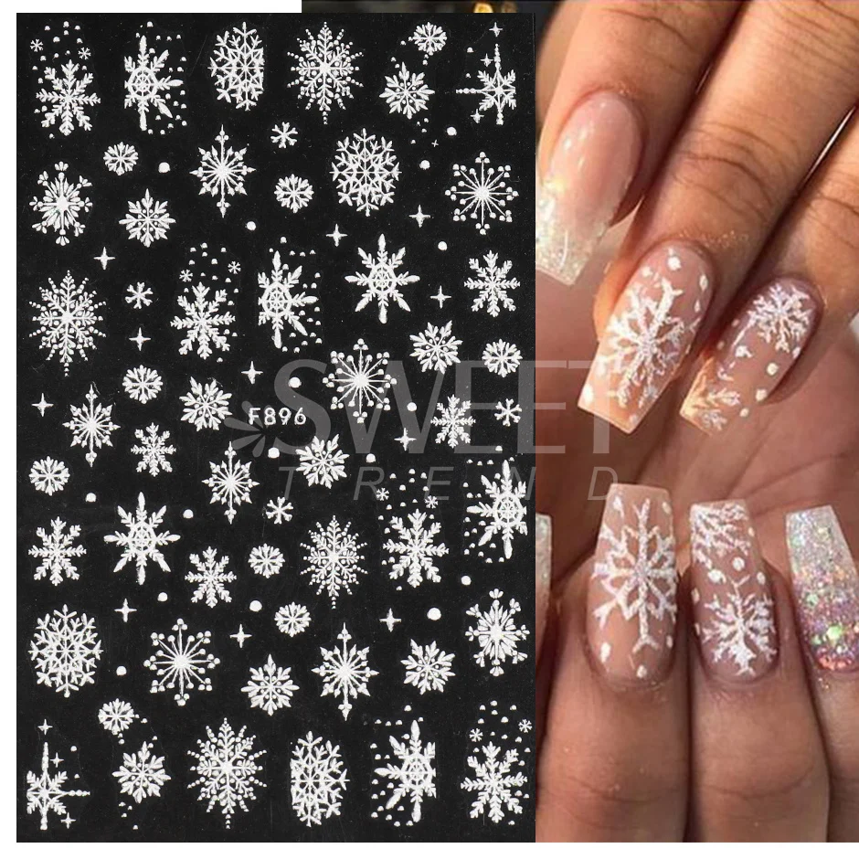 Winter Nail Stickers Sparkly Glitter Snowflakes White Snow Flower Christmas Nail Design Festive Holo Decals Manicure Sliders